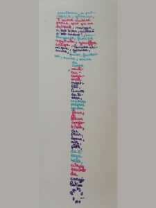 Poème manuscrit en français, écrit verticalement avec des encres de couleur, listant des ingrédients culinaires (rouleau, gâteaux, farine, sucre, fleur, pain, eau, sel).