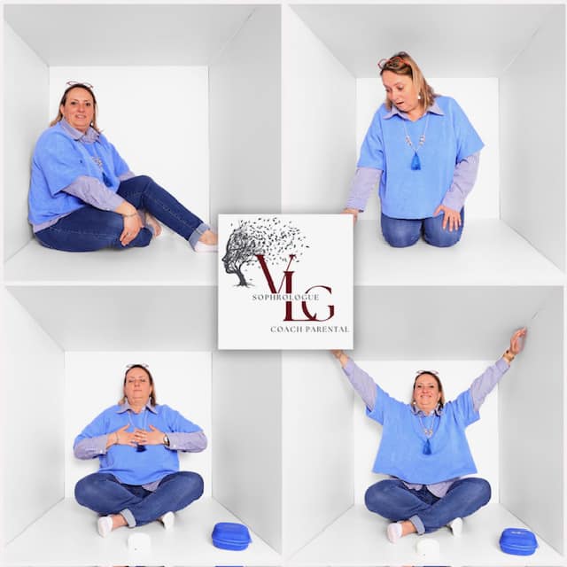 Quatre vignettes montrant une sophrologue/coach parental dans des poses variées dans des caissons blancs. Logo : "MLG Sophrologue Coach Parental".