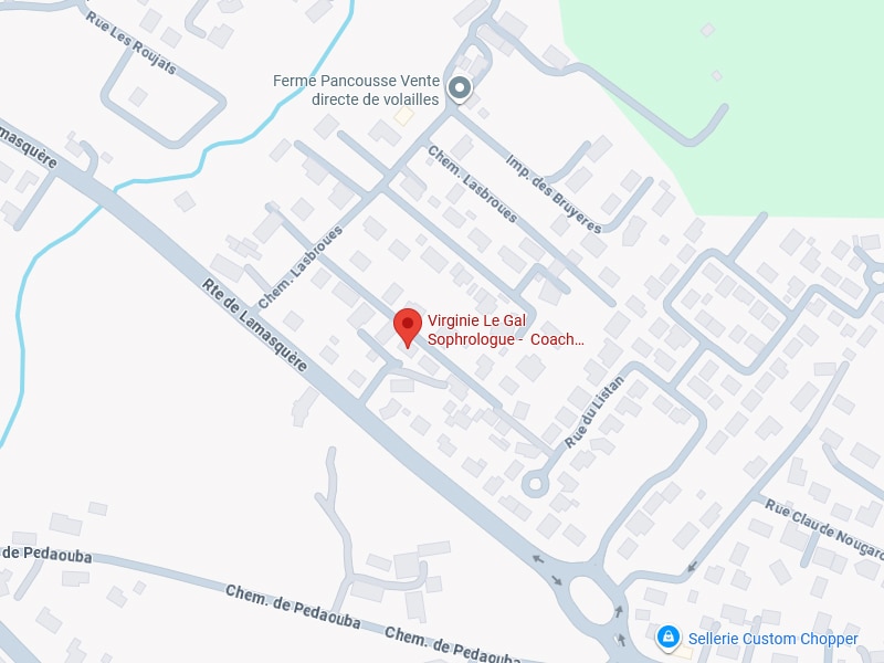 Virginie Le Gal Sophrologue Coach : Plan d'accès et adresse. Carte détaillée: Virginie Le Gal Sophrologue - Coach, Rte de Lamasquère, Chem. Lasbroues. POI : Ferme Pancousse Vente de volailles.